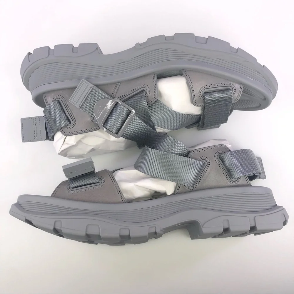 NEW Alexander McQueen Hybrid Tech Leather Rubber Sandals Gray Size 43 US 10 $690